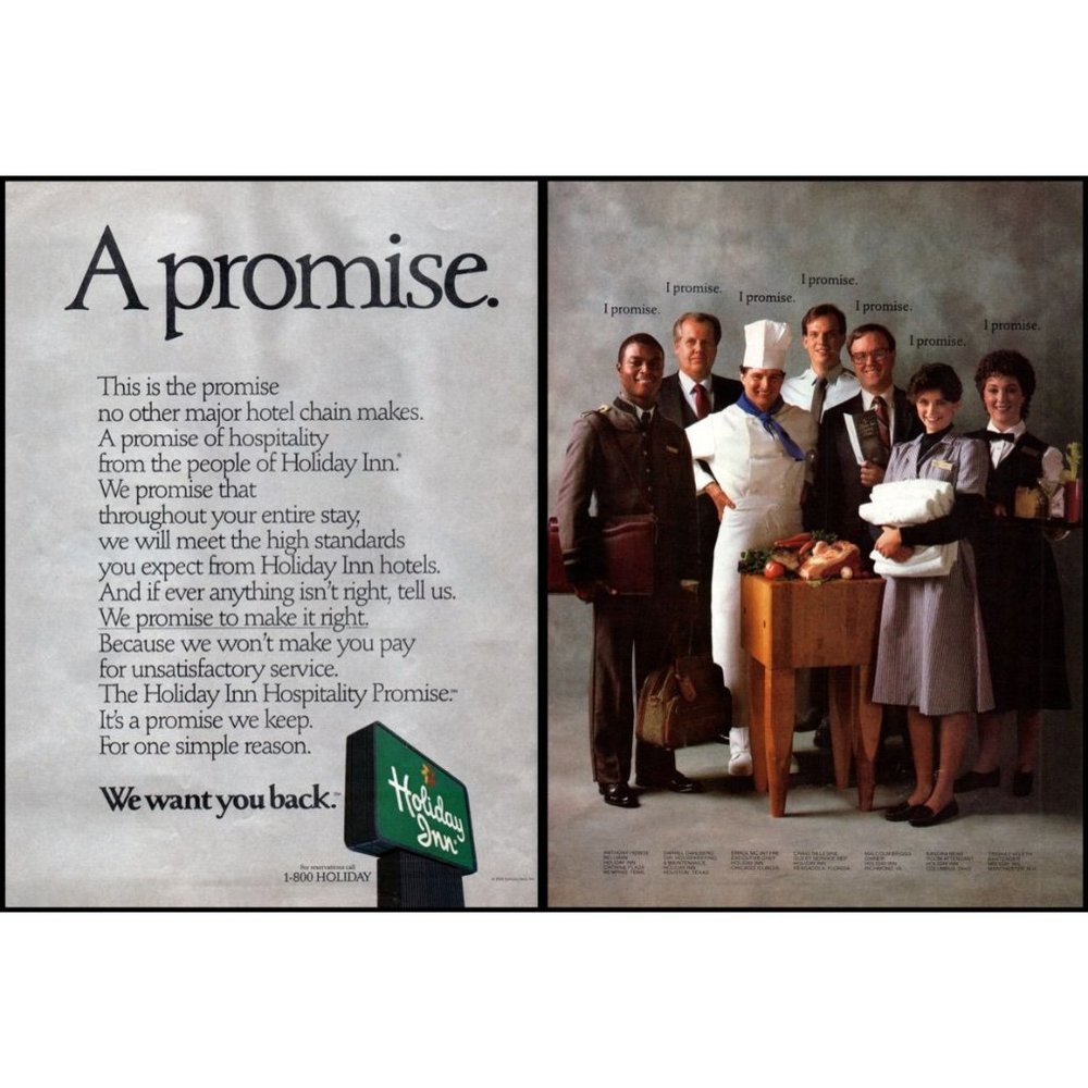 1986 Holiday Inn Promise 2 Page Vintage Print Ad Travel Vacation Staff Wall Art